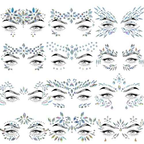 12 Sets Face Jewels Gems Mermaid Glitter Rhinestone Crystal Stickers Waterproof Eyes Temporary Tattoos for Party, Rave Festival, Carnival, Holiday Costumes, Accessories