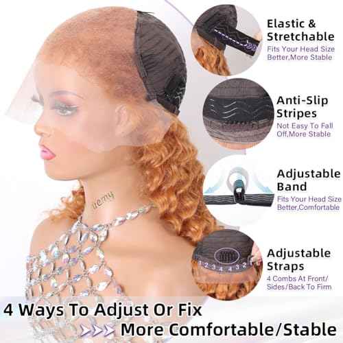 Curly Bob Wig Human Hair Deep Wave 13x6 HD Lace Front Wigs For Black Women Human Hair Pre Plucked Wear And Go Glueless Short Wet And Wavy Honey Blonde Color #30 18 Inch