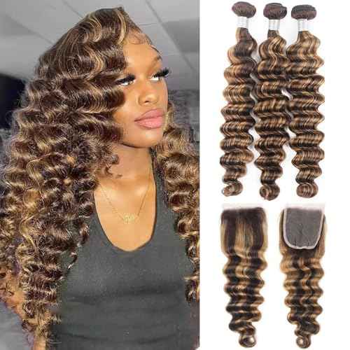 Loose Deep Wave Bundles With Closure Human Hair 16 18 20+16inch Ombr? Highlight Loose Deep Wave Bundles Human Hair with 4x4 Lace Closure Brown Highlight Colored