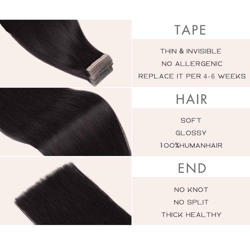 Tape in Hair Extensions Human Hair, 20pcs 14 Inch Natural Black Remy Hair Extensions Straight Human Hair Tape in Extensions Skin Weft Tape Extensions Human Hair (1B#,14 Inch)