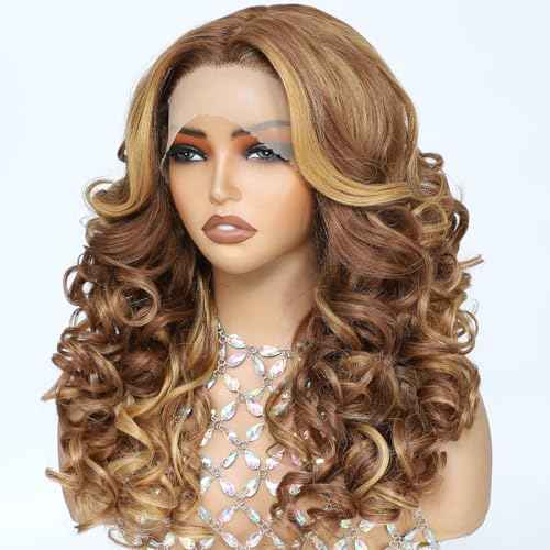 X-TRESS Big Elastic Curly Wave honey blonde Middle Part Lace Synthetic Wig, 22 Inches Yaki, Pre-plucked Glueless Deep Roll Shaped Hair 4/27 for Black White Women Daily party deep wave lace front wigs