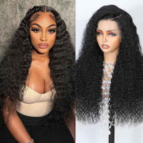 13x6 Deep Wave Lace Front Wigs Human Hair 26 Inch 200 Density HD Lace Frontal Glueless Wigs Human Hair Pre Plucked Deep Curly Wig with Baby Hair Natural Black