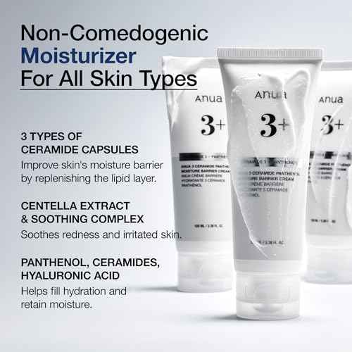 ANUA 3 Ceramide Panthenol Moisture Barrier Cream, Hydrating Face Moisturizer for Normal Skin, Panthenol, Ceramide, Centella for Skin Barrier Non Comedogenic, Korean Skincare (100ml/ 3.38 fl. oz.)