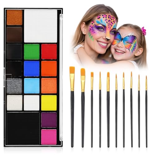 Face Paint Body Paint Kit for Kids Adults-Washable 18 Colors Face Painting Kit with 10 Brushes, Non-Toxic, Skin Safe, Water-Activated for Halloween Makeup Cosplay Costume Party