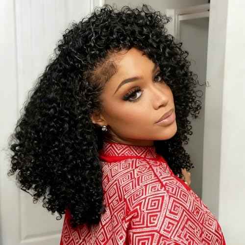 Water Wave Half Wig Human Hair 3 In 1 Curly Half Wig Human Hair Glueless Wigs Adjustable Drawstring Seamless Flip Over Invisible Hairline Wear Go Beginner Friendly Curly Half Wigs for Women 18 Inch