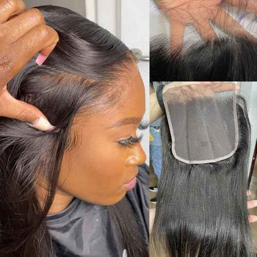 6x6 Lace Closure, Ultra-Thin Invisible HD Transparent Lace Closure Pre Plucked with Baby Hair 12A Grade Straight Brazilian Human Hair Closure with Free Part Natural Hairline 14 Inch