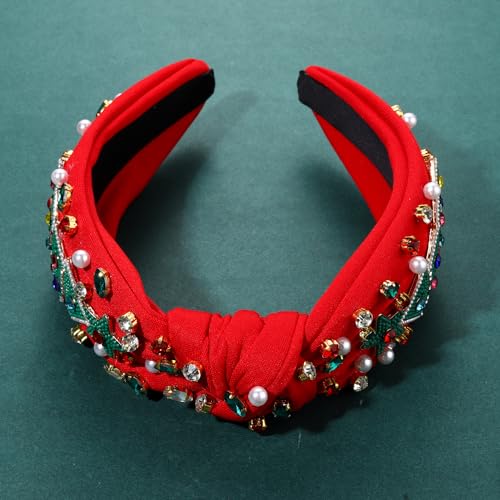 Christmas Headband for Women Jeweled Xmas Plaid Headband Embellished Crystal Pearl Knotted Headbands Wide Top Knot Holiday Headband Christmas Hair Accessories Holiday Outfits Gifts (Snowflake Red)