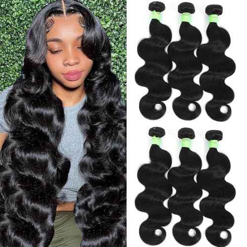 Human Hair Bundles Body Wave Bundles Human Hair 12 14 16 Inch 12A Grade 100% Unprocessed Brazilian Virgin Hair Body Wave 3 Bundles Deals Real Human Hair Extensions For Black Women Natural Black
