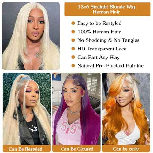 613 Lace Front Wig Human Hair 13x6 Transparent Lace Straight 613 HD Lace Frontal Wig Blonde Wig Human Hair Pre Plucked with Baby Hair 22 Inch 200 Density