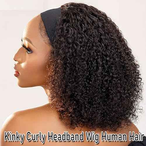Kinky Curly Headband Wigs Curly Headband Wig Human Hair for Black Women 150% Density Headband Wig Human Hair Glueless None Lace Front Wigs Headband Half Wigs Natural Color 20Inch