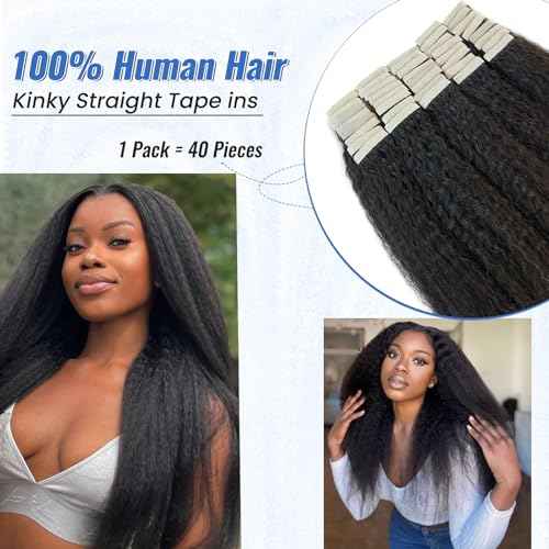 Black Tape in Extensions Real Human Hair 24 Inch Kinky Straight Tape in Hair Extensions Human Hair Black Women 40PCS 100G Invisible Natural Black Kinky Straight Human Hair Tape ins