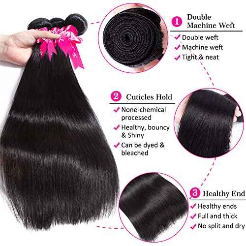 Subella Brazilian Straight Hair 3 Bundles Grade 10A Virgin Brazilian Straight Human Hair Bundles Weave Natural Black Color (18 20 20inch)
