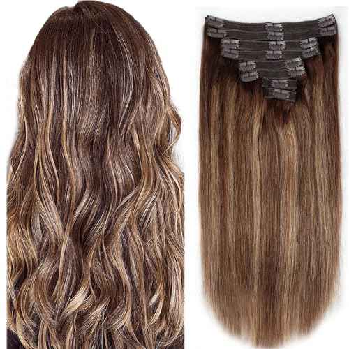 Clip in Hair Extensions for Women Brazilian Virgin Human Hair Extension Straight 8Pcs Remy Hair Extensions Clip in Human Hair with 18Clips Double Lace Weft 120Gram (22inch, #4/27/4)