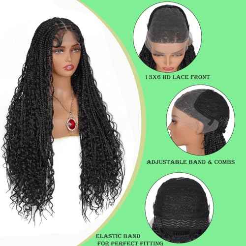 36 Inch Long Boho Knotless Braided Wigs For Women Natural Black 100% Hand Tied 13x6 Bohemian Boho Box Braids Lace Front Wig Synthetic Braid Wig With Baby Hair (Natural Color Braided Wigs, 36 Inch)