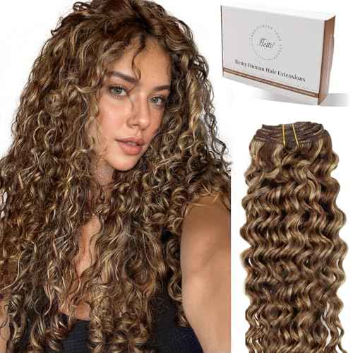 Hetto Thick Curly Clip in Hair Extensions Brown Highlight Blonde Curly Hair Extensions Water Wavy Human Hair Extensions 135g 18 Inch 7Pcs #P4/27