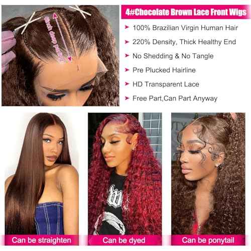 Full Deep Wave Lace Front Wigs Human Hair Chocolate Brown 220% Density 13x6 HD Lace Front Wigs Human Hair Pre Plucked Deep Curly Lace Frontal Wigs for Women Brazilian Virgin Hair 24inch
