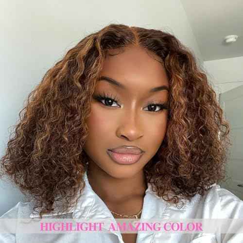 ALHER Soft Thick Wet And Wavy Ombre Honey Blonde Human Hair Bundles, 12A Highlight Brown Water Wave Bundles 100% Brazilian Virgin Human Hair 3 Colored Curly Weft #P4/27 Piano Color 12 14 16 Inch