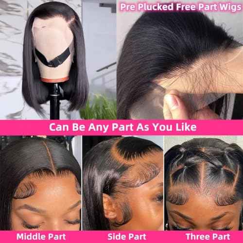 Bob Wig Human Hair 13x4 Lace Front Wigs Human Hair Pre Plucked 14 Inch Straight HD Lace Frontal Short Glueless Wigs for Women with Baby Hair 180% Density Natural Black Color