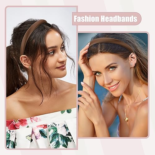 VOCOSTE 2 Pcs Solid Simple Silk Headbands, Fashion Hair Hoop for Women, Anti Slip Hair Accessories, White, Light Coffee, 0.59" Wide