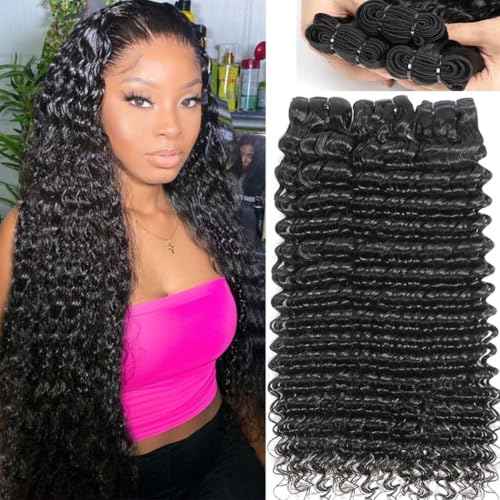12A Deep Wave Bundles Human Hair 20 22 24 Inches, 100% Unprocessed Indian Human Hair Bundles Wet and Wavy Raw Virgin Hair Curly Weave 3 Bundles Deal (Natural Color, 20 22 24 Inches)