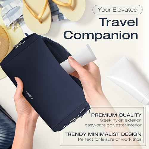 KAZAY Expandable Toiletry Bag with Side Clips for Adjustable Sizing, Premium High-Density Nylon, Open Wide Zipper, Stylish, Water Resistant, Cosmetic Bag, Makeup Bag, Full-Size Bottles, Unisex (Navy)