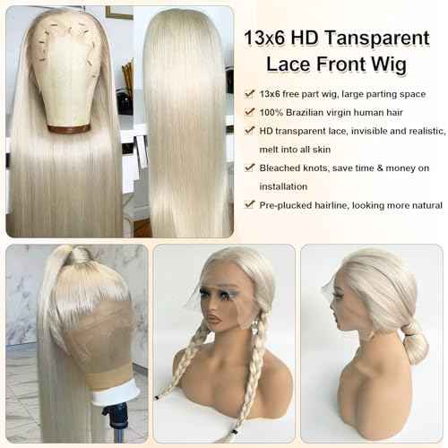Platinum Blonde Lace Front Wig Human Hair 13x6 HD Transparent Lace Frontal White Blonde Pre Plucked Natural Hairline for Black Women 180% Density Straight Wear and Go Glueless Wigs Human Hair 22 Inch