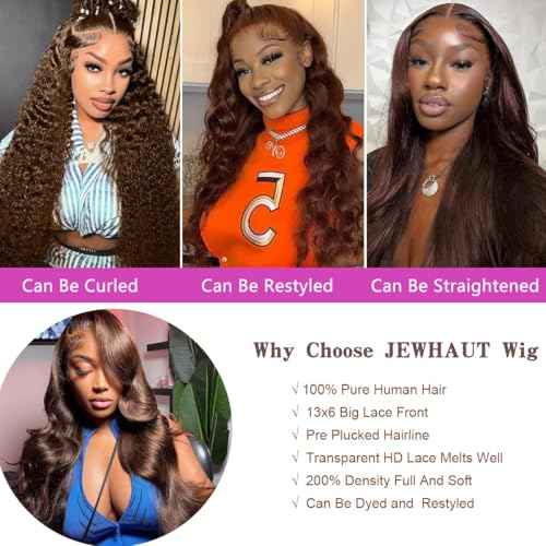 13x6 Chocolate Brown Lace Front Wig Human Hair HD Transparent Body Wave Lace Front Wigs Human Hair Pre Plucked 200% Density Glueless Frontal Brown Wig Human Hair 28 Inch