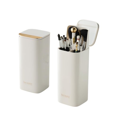Osuke Makeup Brush Holder with Lid Cosmetic Tools Organizer,One Touch Open 4 Slot Makeup Brush Case with Waterproof Dustproof, Cosmetic Storage for Dresser Vanity and Bathroom Countertop