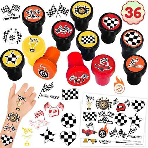 36PCS Checkered Flag Party Favors - 24PCS Temporary Tattoos & 12PCS Stamps - Ideal Black and White Race Flag Themed Birthday Card Decorations Supplies Goodie Bag Cute Rewards for Boys Girls Gifts