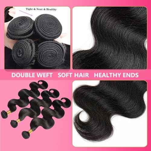 12A Human Hair Bundles 10 12 14Inch Body Wave Bundles Human Hair 100% Unprocessed Brazilian Virgin Weave Bundles 3 Bundles Real Natural Black Wavy Human Hair Extensions 1B Bundles for Women