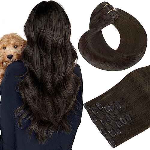 HOTBANANA Human Hair Clip in Hair Extensions, 2 Dark Brown 120g Clip in Hair Extensions Real Human Hair Straight Remy Hair Clip in Hair Extensions 24 Inch 7pcs