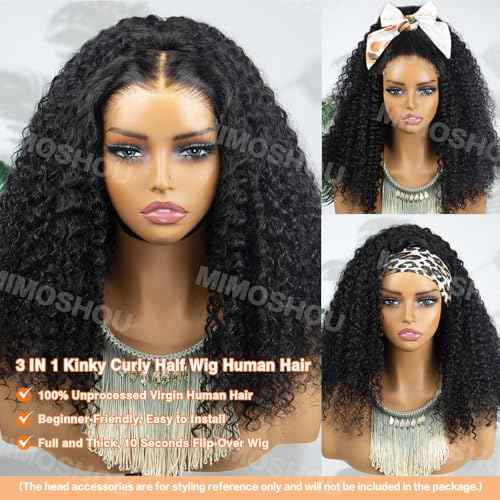 Kinky Curly Half Wig Human Hair 16Inch 250% Density 3 In 1 Seamless Flip Over Half Wigs for Women Wear and Go Glueless Headband Wig Human Hair Drawstring Beginner Friendly