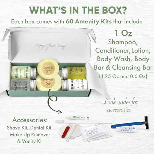 Terra Pure Green Tea Amenity & Accessory Kit | 1 oz Travel Size Shampoo, Conditioner, Lotion, Body Wash, 2 Soap Bars, Shave & Dental Sets, Make-Up Remover Wipes, & Vanity Kit | 60 sets per case