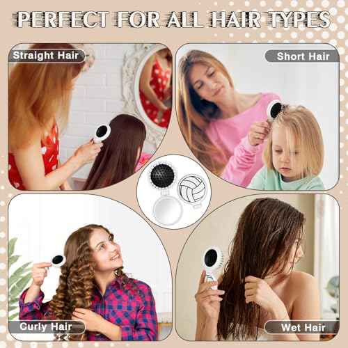 12 Pcs Volleyball Mini Detangler Brush, Folding Mirror Hair Brushes, Mini Travel Hair Brush, No Tangle Soft Flexible Bristles for Straight, Curly, Thick Hair for Volleyball Team Gift Sport Party