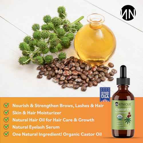 Natnique Castor Oil 4oz ? USDA Certified Organic, 100% Pure Cold Pressed Unrefined Oil for Hair Growth, Eyelashes, Eyebrows & Scalp ? Natural Skin Moisturizer, Lash Serum & Hair Treatment