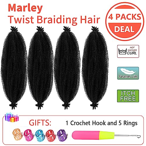 Anemoi Marley Twist Braiding Hair, 10 Inch 4 Packs Springy Afro Kinky Twist Hair For Braiding,Black Pre-Fluffed Spring Twist Hair, Twisted Up Marley Hair For Women Crochet Braids(10inch,4packs,1B#)