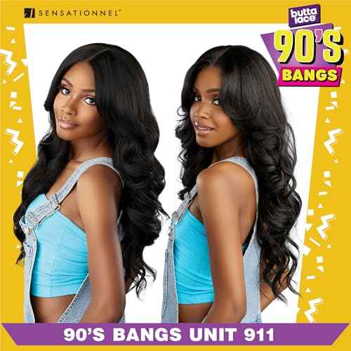 Sensationnel Butta Lace 90Sbangs Wigs - Unit 911 Glueless Wide Deep Part Synthetic Preplucked Hairline (1B OFFBLACK)
