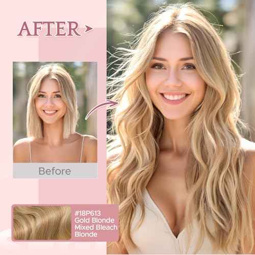 SEGO Invisible Wire Hair Extensions, Real Human Halo Hair Adjustable Wire Extensions, 2 Clips for Women Transparent Fish Line Extensions, Add Length, 20 inches, Gold Blonde Mixed Bleach Blonde, 70g