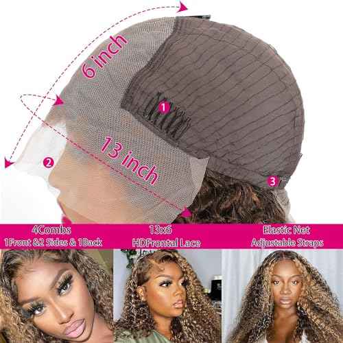 13x6 Highlight Deep Wave Lace Front Wigs Human Hair Ombre 4/27 Curly HD Lace Frontal Wig for Women 180% Density Pre Plucked Glueless Honey Blonde Wig 18 Inch