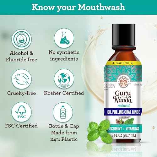 GuruNanda Travel Size CocoMint Oil Pulling Mouthwash, 7 Essential Oils & Vitamins, Promotes Fresh Breath & Happy Gums, No Alcohol & Fluoride, 3 oz