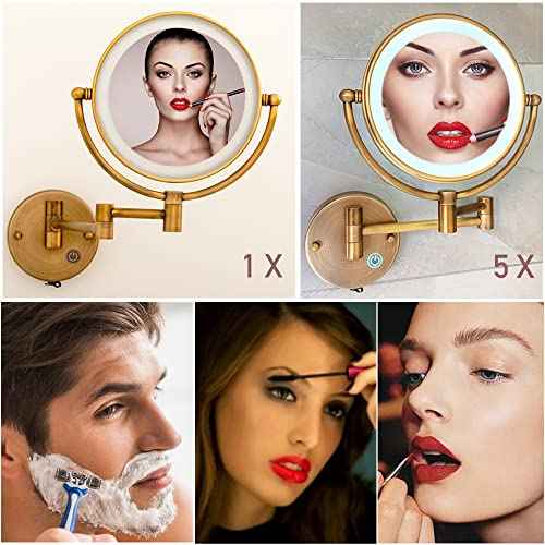 8" Brass Wall Mount Makeup Mirror with Lights, 1X/5X Double Sided Personal Mirrors for Bathroom with 360 Swivel Extendable, Antique Brass Indoor Arts Ware, Plug Powered