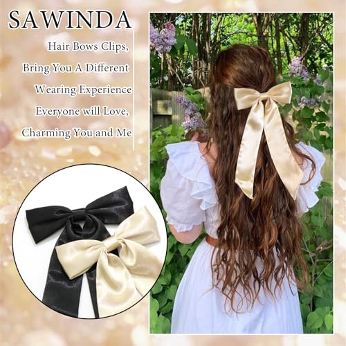 SAWINDA 4PCS Pink Satin Hair Bows Clips for Girls Black Bow Hair Ribbon Barrette Ponytail Holder Accessories with Oversize Tail Wedding Prom Daily Outfits Hair Accessories for Women(Black*2&Pink*2)