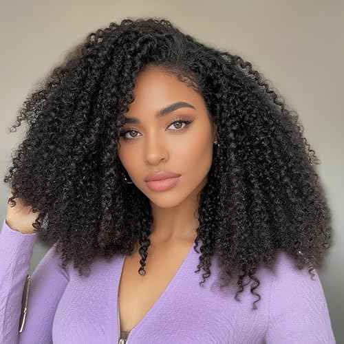 Kinky Curly Half Wig Human Hair 16Inch 250% Density 3 In 1 Seamless Flip Over Half Wigs for Women Wear and Go Glueless Headband Wig Human Hair Drawstring Beginner Friendly