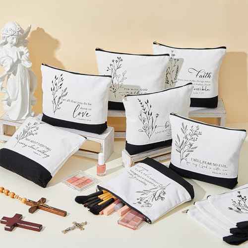 10 Pcs Christian Gifts for Women Bulk Religious Cosmetic Bags Inspirational Bible Verse Pencil Pouch Canvas Makeup Bags for Christmas Goodie Bag Church Favors