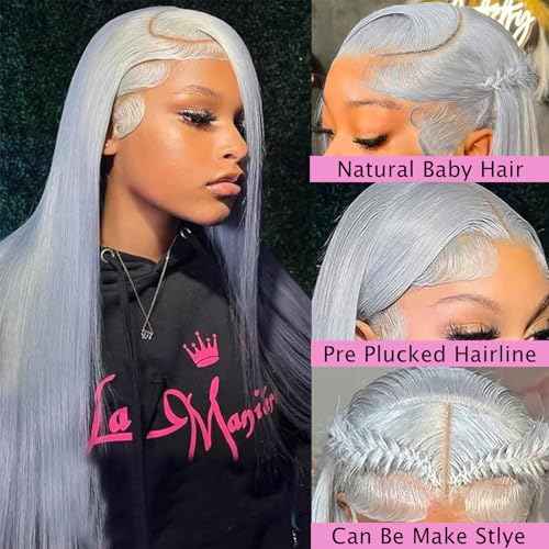Grey Lace Front Wigs Human Hair Pre Plucked Straight 13x6 Hd Lace Front Wig Human Hair Pre Plucked with Baby Hair 180% Density Silver Gray Colored Glueless Wigs for Black Women 22 inch