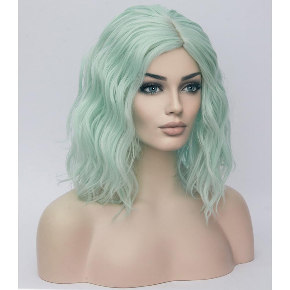 BERON 14" Green Wigs for Women Short Curly Bob Wavy Wig Girls Mint Green Colored Body Wave Heat Resistant Synthetic Cosplay Party or Daily Wigs