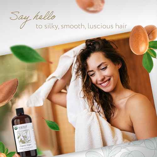 HBNO Organic Argan Oil - Huge 16 oz (475 ml) Value Size - Natural Argan Oils, Cold Pressed - Perfect Carrier Oil for Massage, Aromatherapy, DIY, Soap Making, Face, Body, Lips, Hair, Nails