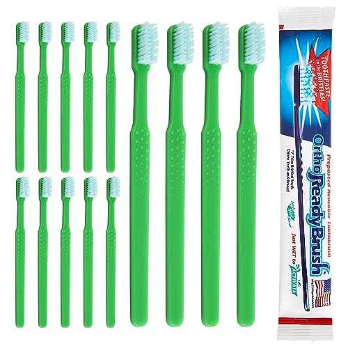 Ortho ReadyBrush Prepasted Individually Wrapped Toothbrush- Soft Orthodontic Gentle V-Trim Bristles for Braces, Gum Care - 144 Pack - Children or Adults Made in USA (144)
