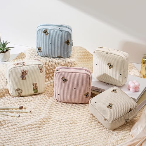 Cute Small Corduroy Zipper Makeup Bag, Mini Coquette Aesthetic Pouch with Bear Pattern for for Purse,Key Pocket Lipstick Bag Card Holder Data Cable Organizer for Women Girls (02Biege Bear)
