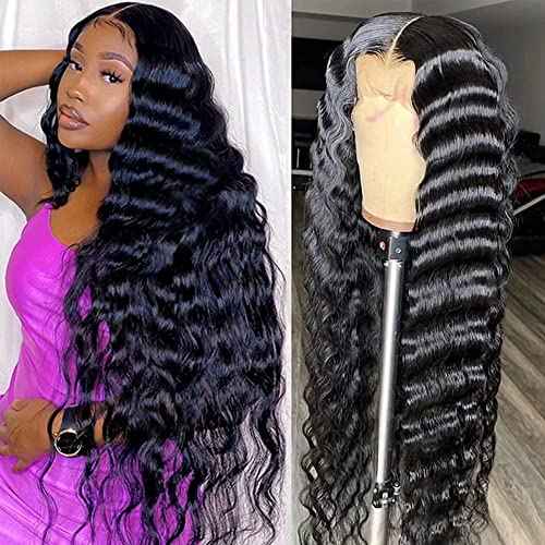 JIETAI 13x4 Loose Deep Wave Curly Lace Front Wig Pre Plucked with Baby Hair 180% Density Curly Human Hair Wigs 10A Wigs for Black Women Glueless Wig (30inch, Natural Color)